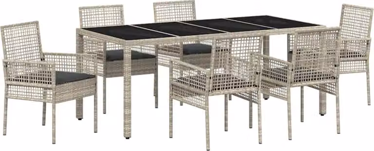 Conjunto de comedor de jardín Syfax de 7 piezas en ratán sintético y cristal color gris