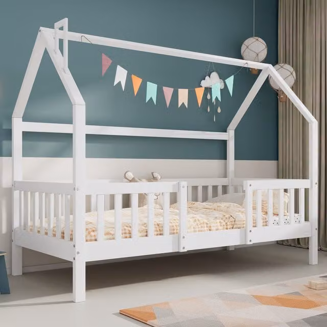 Cama Casita MODENVIE para niños de madera de pino blanca con estructura de casa y somier de láminas, An/P/Al: 90 x 200 x 150 cm