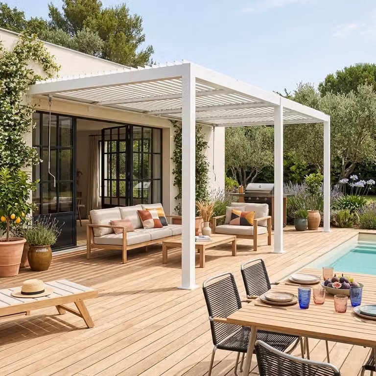 Pérgola bioclimática adosada Sweeek de aluminio con lamas orientables, Blanco, 3 x 5 m