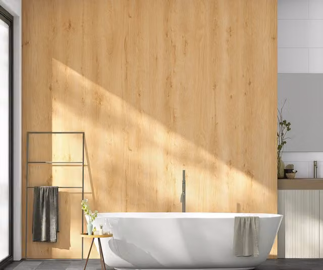 Revestimiento de pared Ceramin con efecto madera natural oak en tonos marrón y beige, formato grande, An: 255 cm, Al: 120,2 cm, Espesor: 0,3 cm