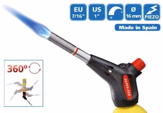 Soplete Powerfire Super Ego con botella de gas Mapp en acero inoxidable disponible en negro, rojo o amarillo