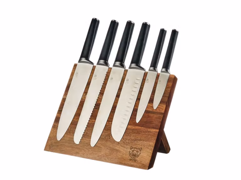 Set de 7 cuchillos de cocina Björn con bloque de madera y acero inoxidable en color negro