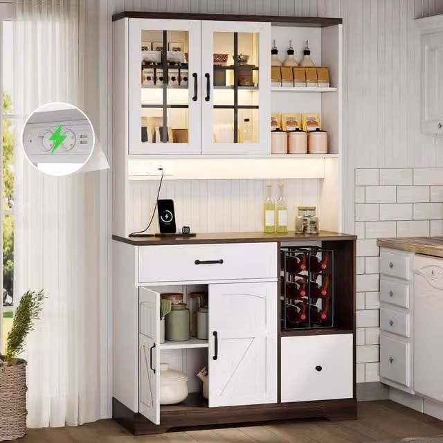 Aparador de estilo rústico HAUSS SPOLE en blanco y beige con puertas de cristal, iluminación integrada y estantes internos, An/P/Al: 105 x 40 x 185 cm