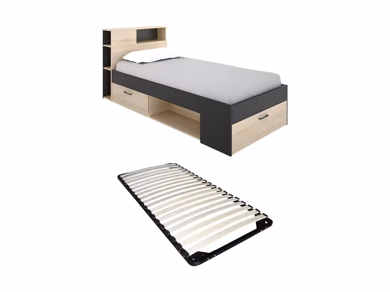 Cama con cabecero con compartimentos, cajón y somier LEANDRE de VENTE-UNIQUE en color antracita, beige y negro, An/P/Al: 90 x 190 x 99,5 cm