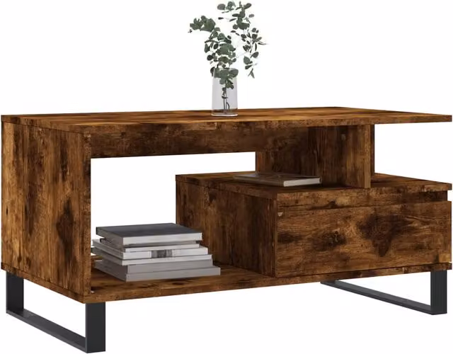 Mesa de centro moderna SYFAX de madera y metal en color marrón con acabado roble, An/P/Al: 90 x 49 x 45 cm