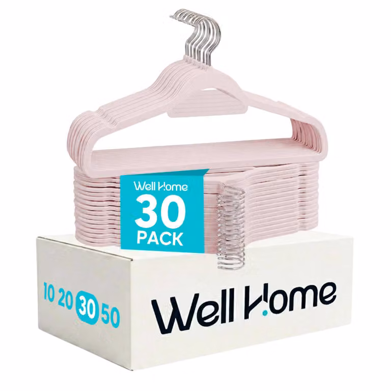 Pack de 30 perchas antideslizantes de terciopelo Wellhome en colores oro y rosa con gancho giratorio y barra para ahorrar espacio
