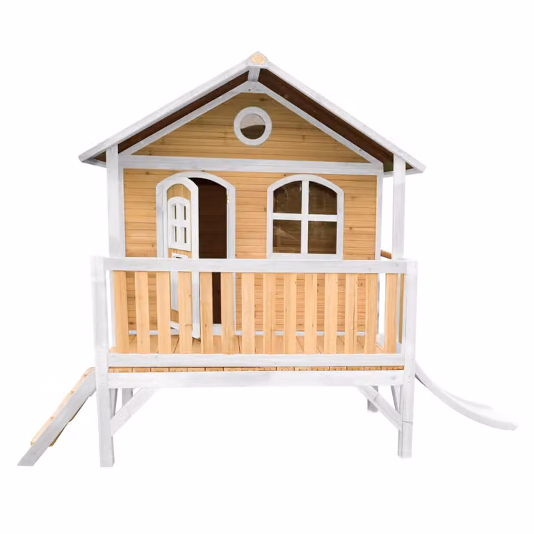 Parque infantil de madera Axi con caseta, tobogán rojo y columpio tipo nido en colores blanco, gris y multicolor. An/P/Al: 349 x 233 x 212 cm