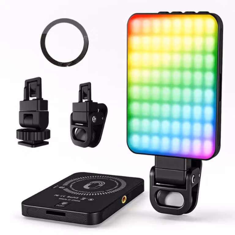 Lámpara de video LED RGB Zelurxx portátil con batería recargable, imán y clip, regulable y multicolor, color negro
