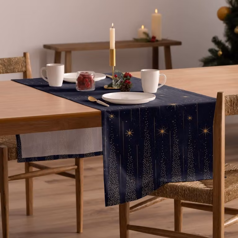 Camino de mesa de Navidad Mint con diseño de estrellas en azul, de algodón, repelente al agua y lavable, An/Al: 50 x 155 cm
