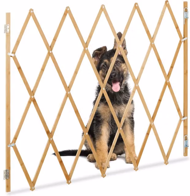Barrera de seguridad extensible y plegable Relaxdays para puertas y escaleras de bambú y metal, color natural, An/P/Al: 130 x 3 cm x 100 cm