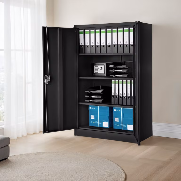 Armario archivador de acero TecTake con puertas batientes y cerradura en negro mate, An/P/Al: 140 x 90 x 40 cm