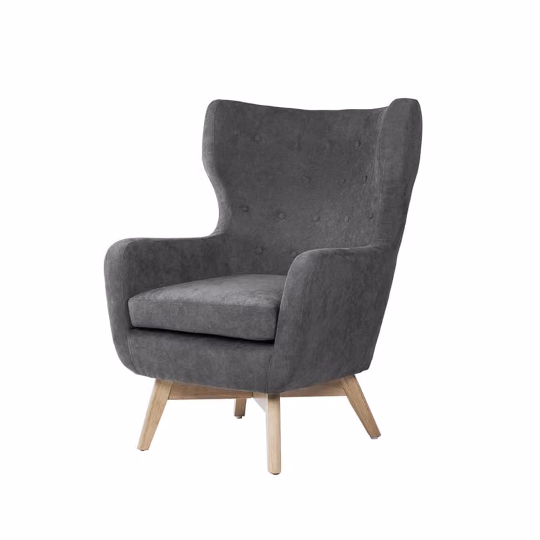 Butaca acolchada clásica Koketto Home en color gris con estructura de madera de roble