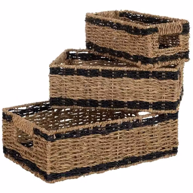Set de 3 cestos de junco Wanderlust Deco color marrón con asas y diseño de tejido abierto An/P/Al: 32 x 22 x 11 cm, 28 x 17 x 10 cm y 23 x 12 x 9 cm