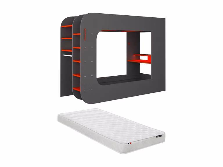 Litera gamer elevada WARRIOR con escritorio, compartimentos laterales, escaleras, iluminación LED y puerto de carga USB, incluye colchón, antracita, rojo y blanco, An/P/Al: 200 x 90 x 189 cm