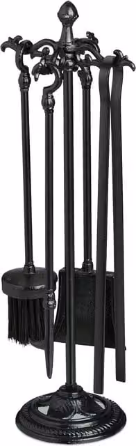 Set de accesorios para chimenea de 5 piezas de Relaxdays en hierro fundido negro, incluye atizador, pala, escoba, pinzas y soporte, An/P/Al: 18 x 18 x 51 cm