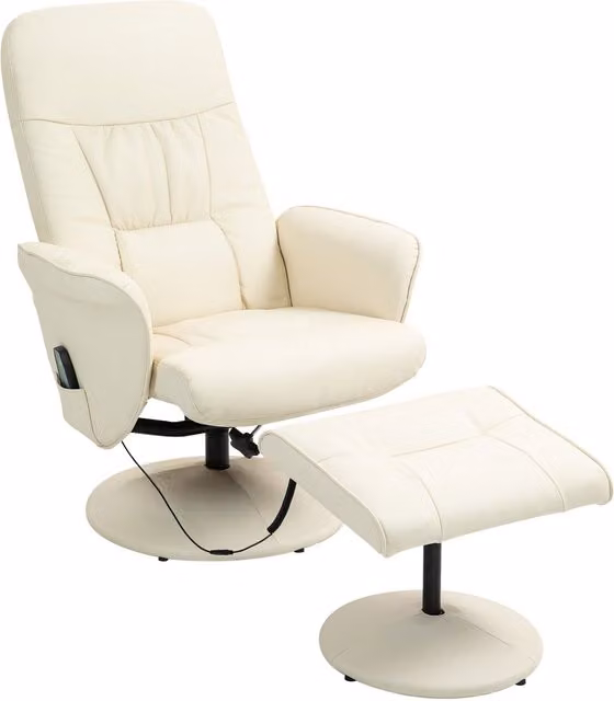 Sillón reclinable eléctrico con masaje y reposapiés NORTHIX en color blanco crema con acabado en piel sintética