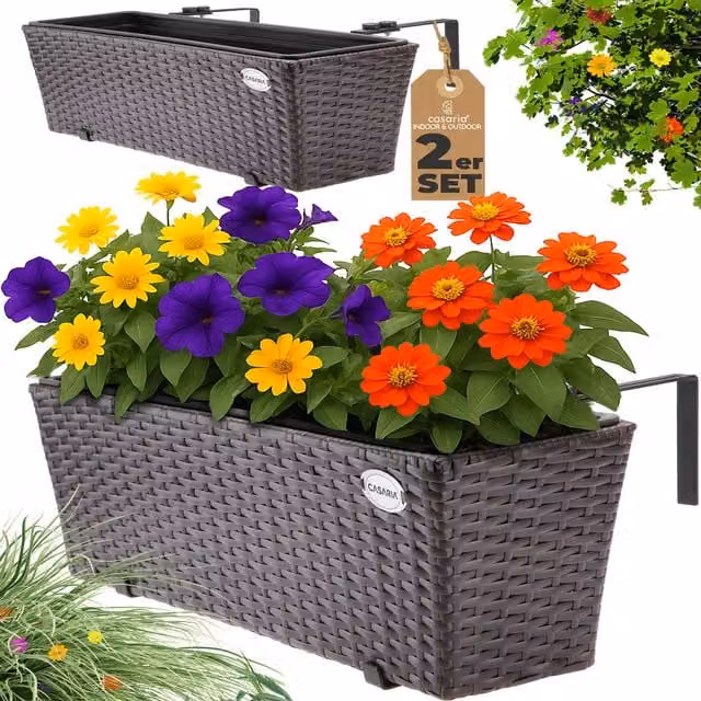 Set de 2 maceteros colgantes para ventana y balcón Casaria, color marrón, An/P/Al: 60 x 20 x 19 cm