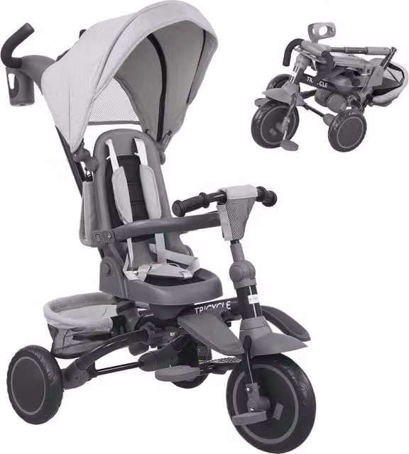 Triciclo Evolutivo 6 en 1 AIYAPLAY Plegable con Asiento Giratorio de 360°, Mango Parental, Respaldo Reclinable y Toldo en Color Gris