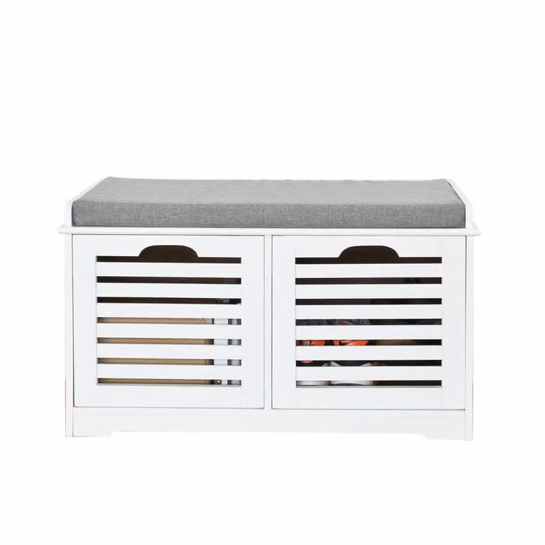 Banco de almacenamiento SoBuy con cojines de tela y 2 cubos de madera en color blanco An/P/Al: 120 x 34 x 43 cm