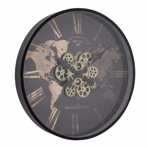 Reloj de pared analógico Boltze Home con diseño de ruedas rústico, Diámetro: 57 cm, Marrón, Blanco y Negro