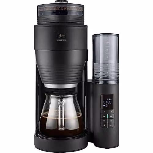 Cafetera de goteo Melitta AromaFresh X con molinillo incorporado, negro y plata, con temporizador y función de mantener caliente