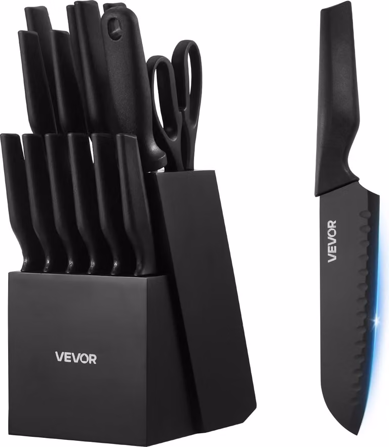 Conjunto de 15 piezas de cuchillos de cocina VEVOR de acero al carbono con bloque de madera y afilador en color negro