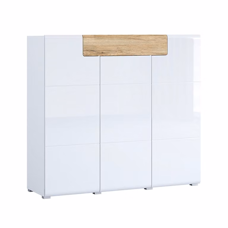 Aparador moderno de 3 puertas y 1 cajón en color blanco con acabado lacado y madera de roble