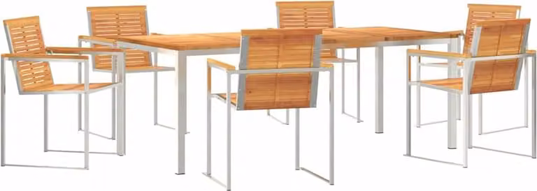 Conjunto de comedor de jardín Syfax de 7 piezas en madera de acacia y acero inoxidable con cojines resistentes a la intemperie en colores marrón y plata