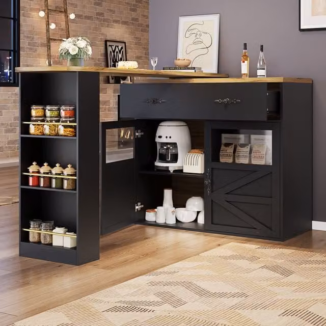 Mesa de bar extensible MODENVIE con superficie giratoria de 360 grados, 1 cajón y 3 estantes para cocina o salón, color negro y transparente, An/P/Al: 138 x 39 x 104 cm