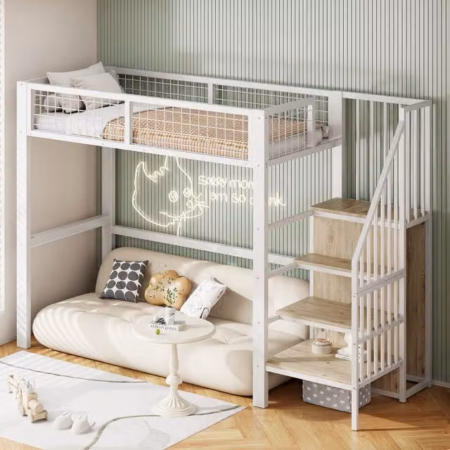 Cama alta individual MODENVIE para niños con escalera, compartimentos laterales y armario, de metal y MDF, color blanco, An/P/Al: 90 x 200 x 176 cm