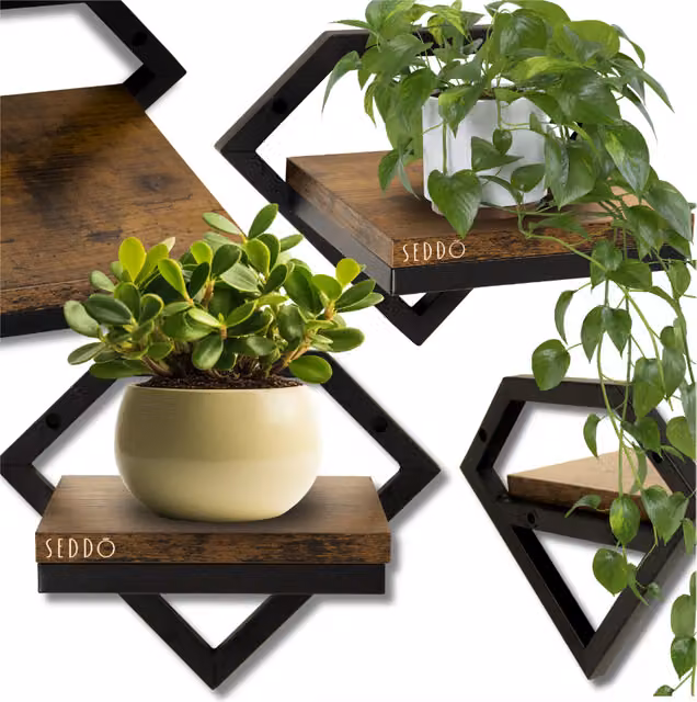 Estantería de pared SEDDŌ de estilo industrial con diseño geométrico en negro y marrón, fabricada en metal y madera para salón, cocina o dormitorio, An/P/Al: 25 x 20 x 18,5 cm
