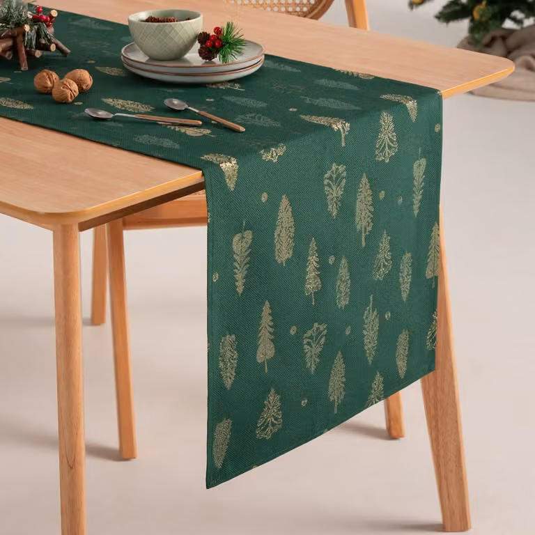 Camino de mesa de Navidad Gamusi en jacquard de algodón con diseño floral, color verde y oro, An/P: 45 x 135 cm