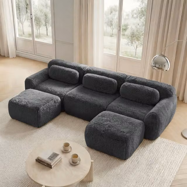 Sofá Modular Esquinero en L DREAMMESPACE de Tejido de Terciopelo Gris Antracita con Otomana y Cojines, Reversible y Moderno, An/P/Al: 291 x 179 x 73 cm