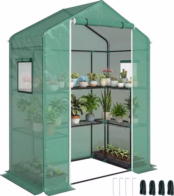 Invernadero de jardín TREETALK con cubierta de plástico verde, 1 puerta, 2 ventanas y 2 estantes para hortalizas y plantas, An/P/Al: 140 x 73 x 190 cm