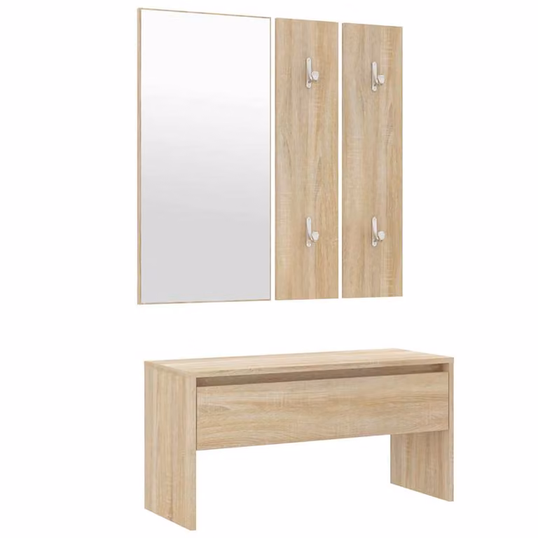 Set de muebles de recibidor vidaXL de madera contrachapada con espejo, banco y estante de pared en color roble Sonoma y acabado mate