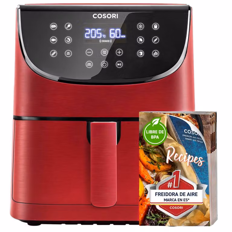 Freidora sin aceite Cosori CP158 de 5,7 litros con pantalla digital y temporizador en color rojo y negro
