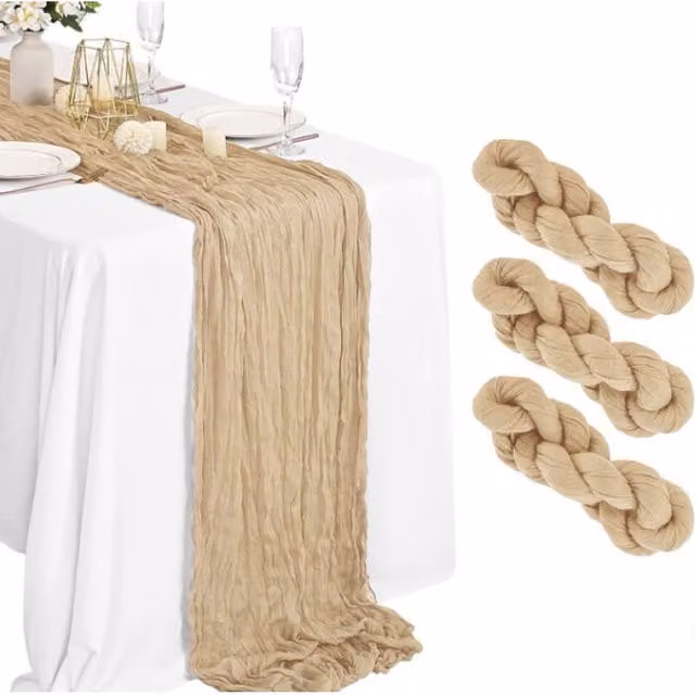 Juego de 3 caminos de mesa XISRENS de tela de gasa rústica estilo boho, color beige, An/P: 90 x 300 cm