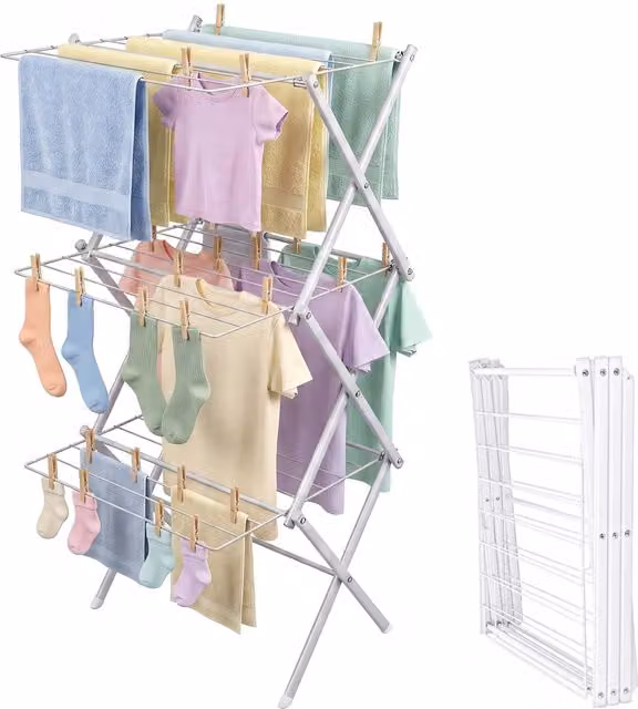 Tendedero de torre plegable Relaxdays con 27 barras y 3 niveles, color blanco, An/P/Al: 53,5 x 52 x 115 cm