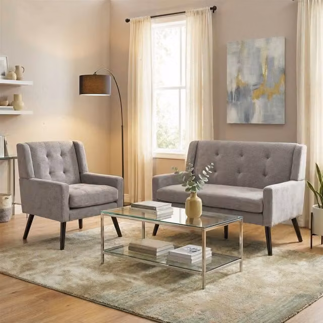 Conjunto de 2 piezas HAUSS SPOLE con sofá de 2 plazas y sillón tapizados en tela gris claro con patas de madera y relleno de espuma