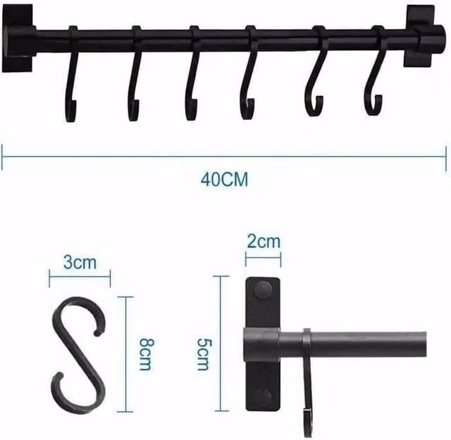 Soporte para utensilios de cocina ODIPIE de aluminio con 6 ganchos extraíbles, color negro, Ancho: 40 cm