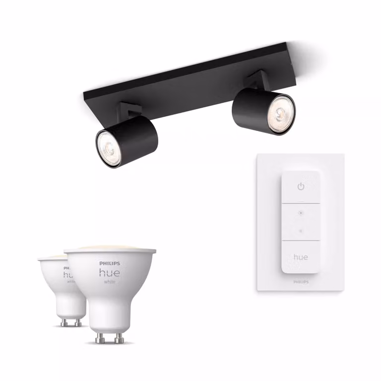 Pack Philips Hue con 2 focos Runner negros, 2 bombillas LED GU10 de luz blanca cálida y mando a distancia