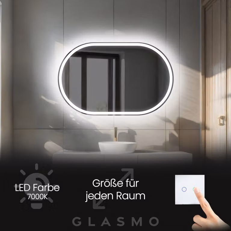 Espejo ovalado LED Artforma para baño, montaje en pared, color blanco y transparente, An/Al: 120 x 70 cm
