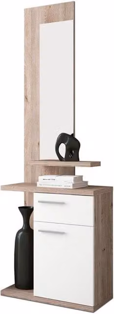 Mueble de recibidor compacto con espejo Duehome en color blanco An/P/Al: 60,5 x 27,8 x 189 cm