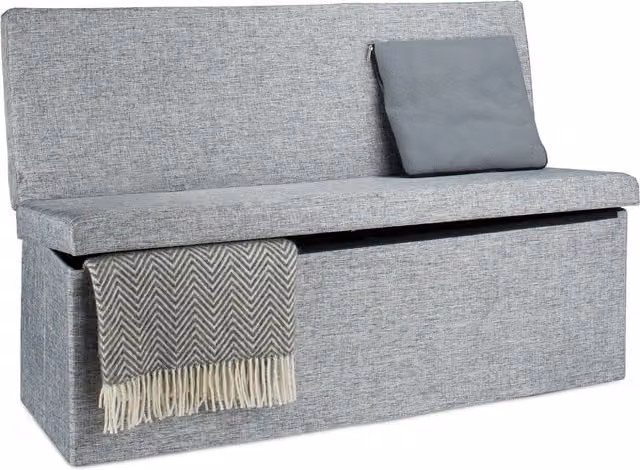 Banco arcón con respaldo Relaxdays en lino gris, An/P/Al: 114 x 73 x 38 cm