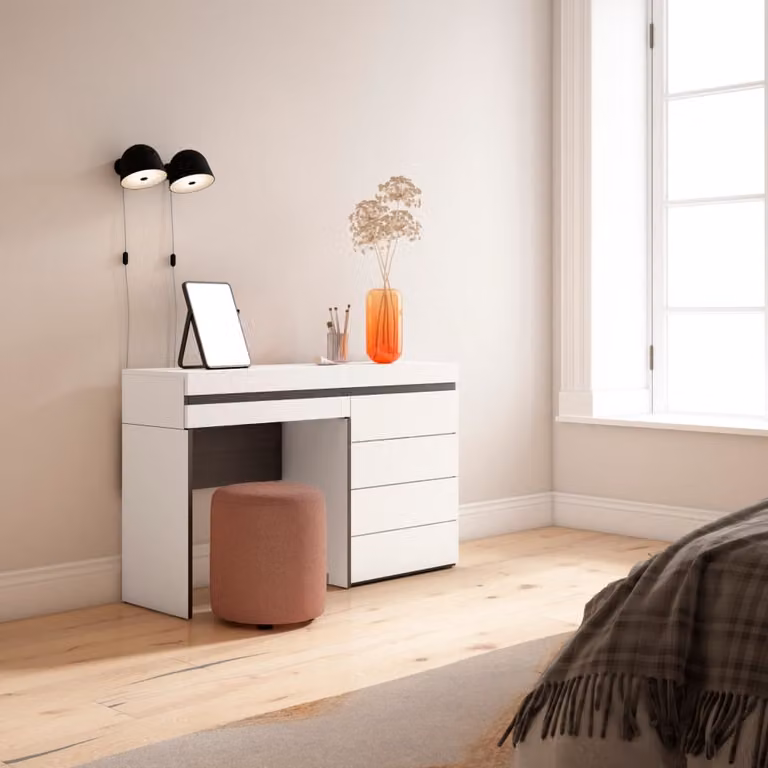 Tocador moderno SKRAUT HOME con espejo y acabado blanco mate An/P/Al: 127 x 35 x 75 cm
