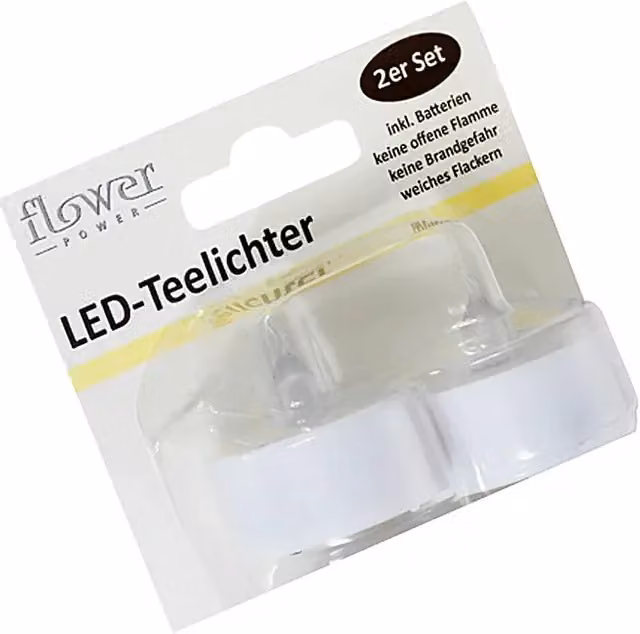 Pack de 2 velas de té LED Flower Power blancas de plástico con diámetro de 3,8 cm y altura de 0,35 cm