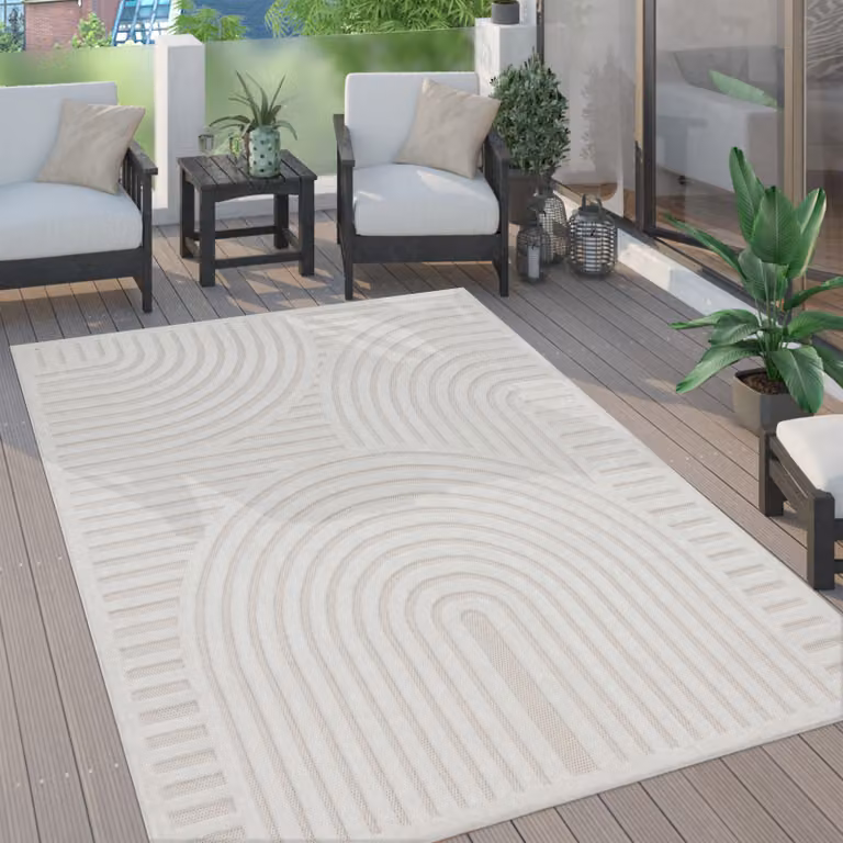 Alfombra de exterior Paco Home con diseño bohemio y geométrico, resistente a la intemperie y apta para calefacción por suelo radiante, Color: Beige, Diámetro: 200 cm