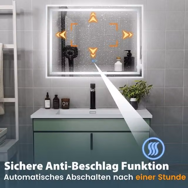 Espejo de baño LED antivaho con doble iluminación regulable de NORTHIO en color blanco y diseño rectangular moderno para pared