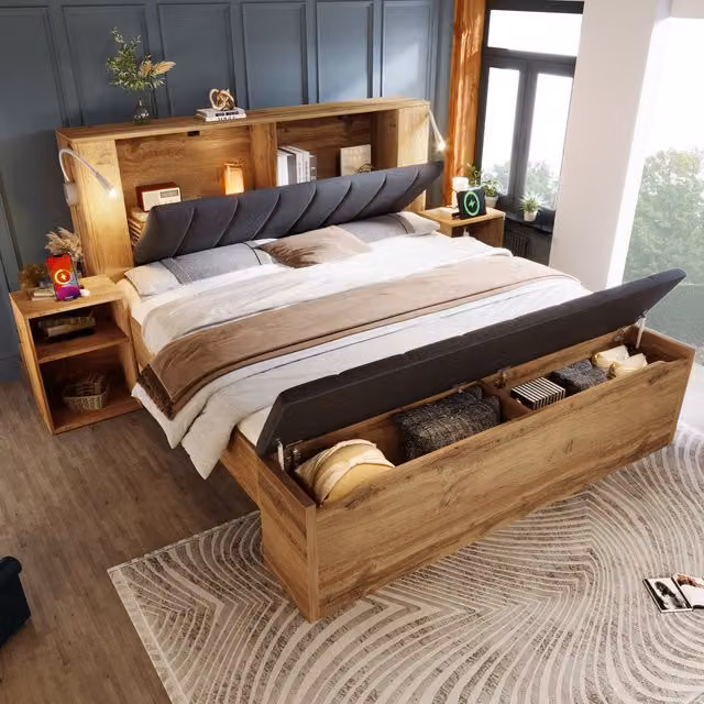 Cama doble Redom con base abatible, estantes laterales, luces de lectura integradas y puertos USB en madera color roble, 160x200 cm
