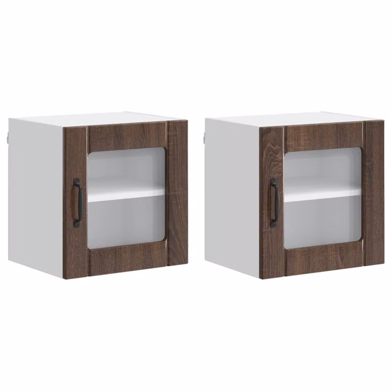 Set de 2 armarios de pared modernos LUCCA de vidaXL con puertas de vidrio en color marrón roble para cocina
